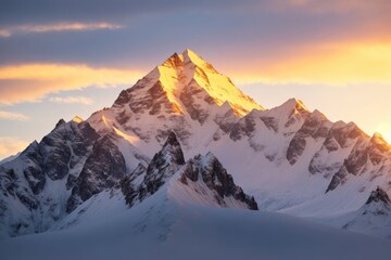 Obraz premium As the sun sets in Nepal, an orange glow lights up the snowcapped rocky Himalayan mountains, ai generative