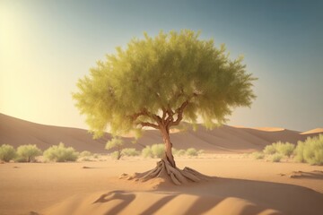Lonely green tree in desert on blue sky background ai generative