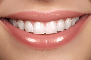 close up of woman's lips with white teeth