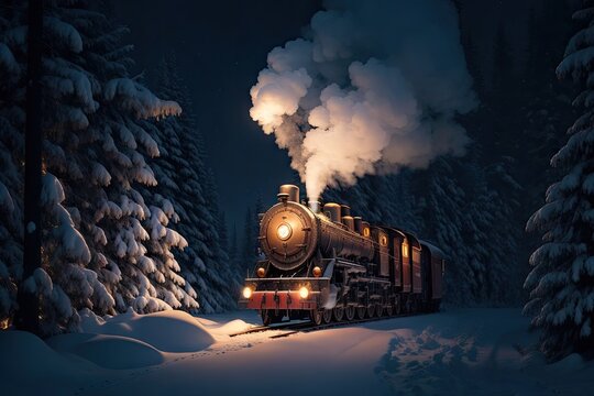 Vintage Train driving through the snow forest, ai generative