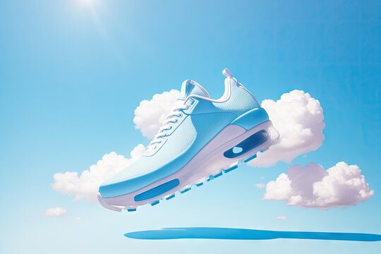 Blue shoes fly on clouds, soft walking concept ai generative