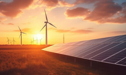 Modern Wind turbines and solar panels sunset light. Concept eco green renewable energy.  - obrazy, fototapety, plakaty
