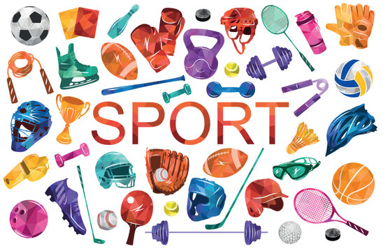 Sport vector colorful illustration background. Sports equipment inventory. Healthy lifestyle tools.