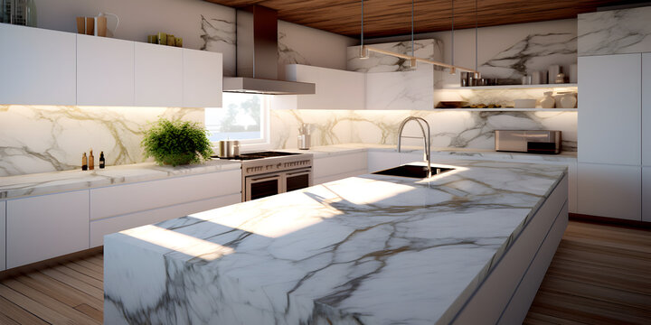 Kitchen white marble countertop By aregfly. Generative AI.
