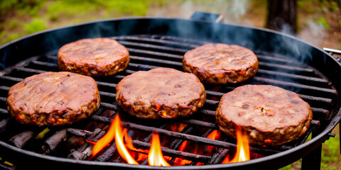 Cooking meat patties for burgers on a flame grill with smoke close-up. The concept of a picnic with a barbecue on a fire in the nature in the forest. Generative AI.