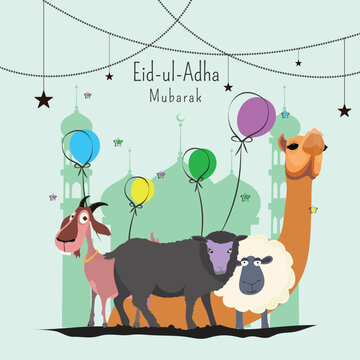 Eid Ul Adha Mubarak Greeting Card Decorated with Stars, Colorful Balloons and Cartoon Animal Characters on Silhouette Mosque Light Cyan Background.