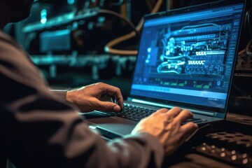 The skilled work of an automotive mechanical technician by capturing a close - up view of computer diagnostics in a garage. Generative AI