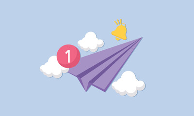 Paper Airplane with new message concept. Origami plane with bell and one notification. Banner template for social media promotion.