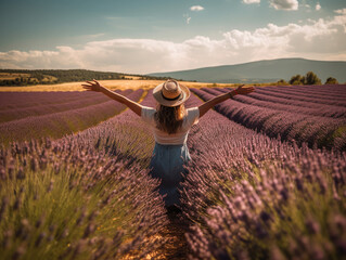 a young woman in the middle of a flowering field of cultivated lavender in the south of France. Generative AI