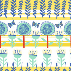 Vector summer pattern in blue and red shades in floral stylized flowers on a monochromatic isolated background