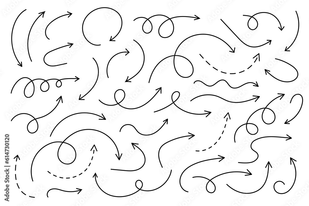 Wall mural curved arrows. set of vector hand drawn arrows. collection of pointers.