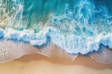 Obraz premium Coast with waves as a background from top view. Summer seascape, Blue water from air. generative ai, ai generative