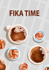 Swedish tradition - time for communication. Fika time poster - with cups of coffee and kanelbulle. Digital watercolor illustration
