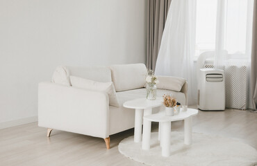 stylish bright living room with a white sofa and a white coffee table.