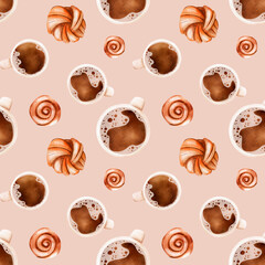 Seamless pattern with cup of coffee and sweets, kanelbulle. Digital watercoloк illustration.