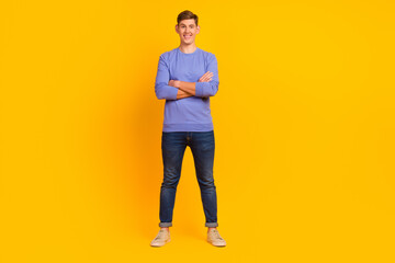 Fototapeta na wymiar Portrait of attractive wearing casual sweater macho man standing with folded arms isolated on yellow color background
