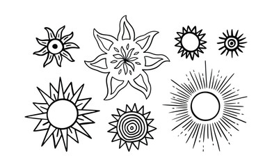 Mystic Sun Vector Illustration Set. Celestial Hand Drawn Symbol for poster, print, pattern and logo. Tribal Sun Collection Isolated on White Background. Stylized Occult and Esoteric Bohemian Shape.