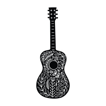 Boho decorated floral guitar. Trendy celestial bohemian symbol isolated on white background. Celestial hand drawn linocut guitar with flowers and leaves, wall art. Vector illustration for print