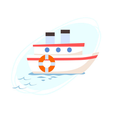 Сhildren's toy ship of white color with red stripes and a lifebuoy floats on the waves. Cute nautical vector illustration in cartoon style.