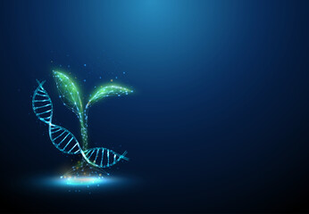 Green plant sprout with blue DNA molecule helix swirling around it - obrazy, fototapety, plakaty