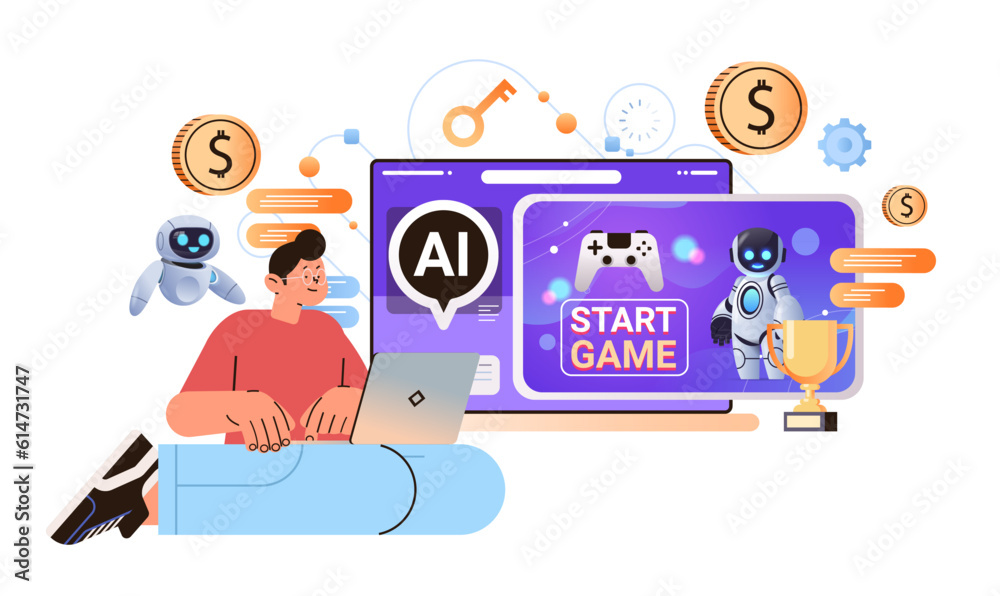 Poster man playing computer video games with ai helper bot game artificial intelligence technology concept