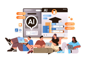 students learning online in computer app with ai helper bot education assistant e-learning concept