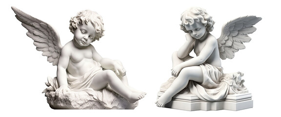 Set of cherubs marble statue isolated on transparent background - Fictional Person, Generative AI - obrazy, fototapety, plakaty