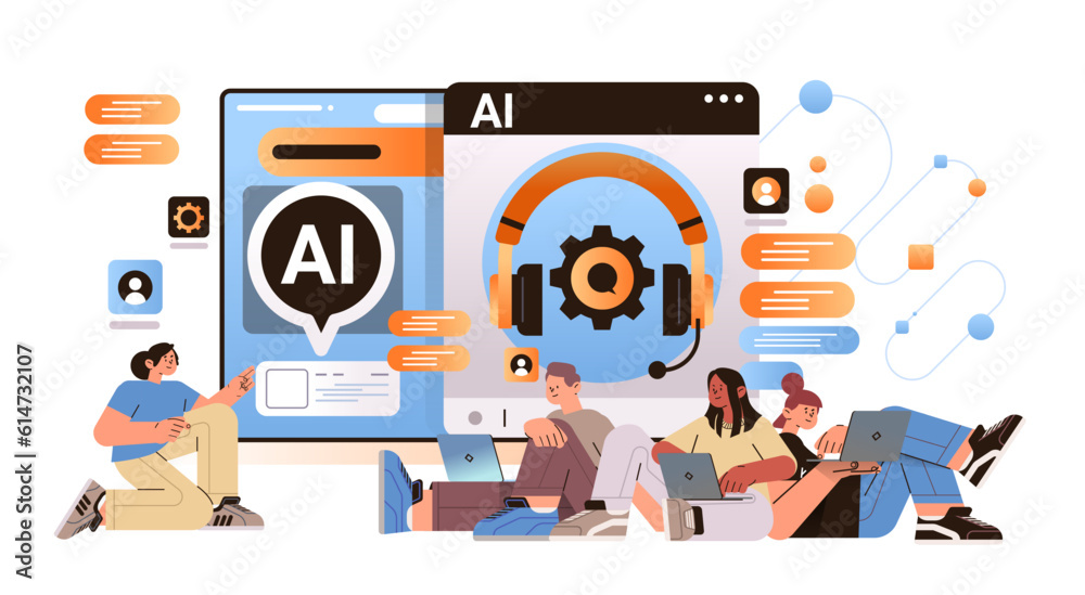 Poster businesspeople technical team using computer app with ai helper bot customer service call center sup