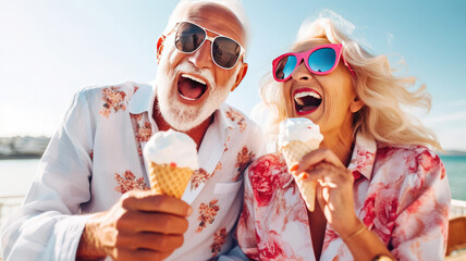 Happy elderly couple at the beach, on vacation enjoy life, aged man, aged woman, elderly woman, elderly man, joy of life, enjoyment, rest, vacation, sea beach, ice cream, love, Generative AI