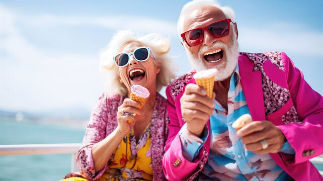 Happy elderly couple at the beach, on vacation enjoy life, aged man, aged woman, elderly woman, elderly man, joy of life, enjoyment, rest, vacation, sea beach, ice cream, love, Generative AI
