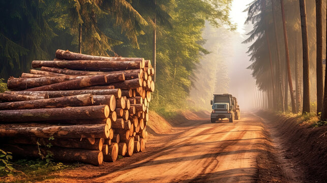timber carrier, Log stacks along forest road