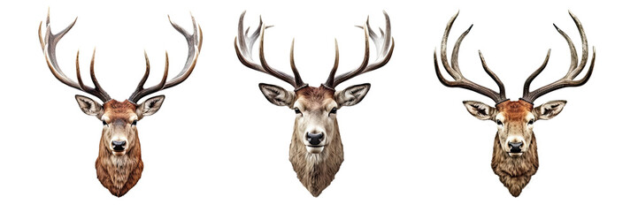 Set of deer heads isolated on transparent background - Generative AI