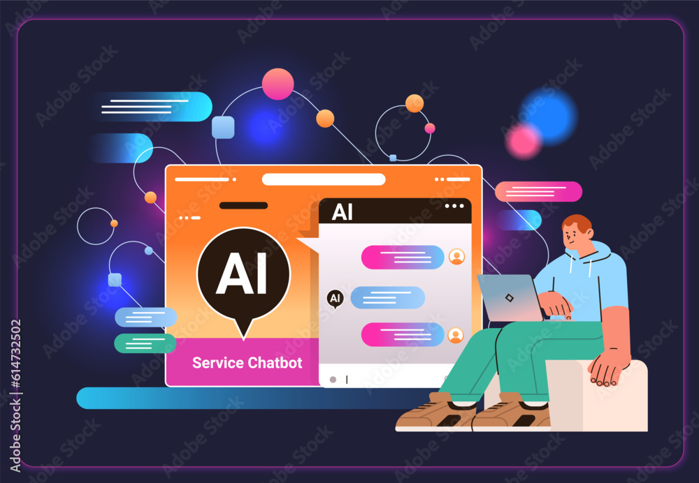 Poster man having dialog with chat bot asking questions and receiving answers ai chatbot assistance custome