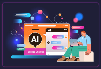 Naklejka premium man having dialog with chat bot asking questions and receiving answers ai chatbot assistance customer service concept