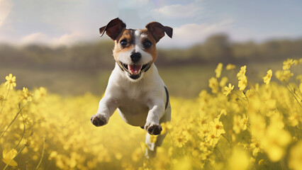 Portrait of happy Jack Russell Terrier dog jumping floating up in the air sunny day on yellow flowers rapeseed field. AI gererated