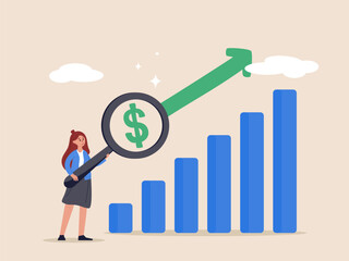 Wages growing concept. Revenue or salary increase, growth investment profit or earning from stock market, money, businesswoman with magnifying glass on dollar money sign with growth graph and chart.