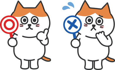 Orange tabby cartoon cats holding a correct and incorrect sign, vector illustration.