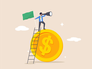 Income concept. Financial success, income growth or business achievement, making money or profit, investment for financial freedom, opportunity, businessman winner holding flag climbing dollar sign.