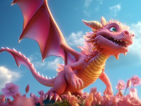 Pink dragon cartoon with colorful background