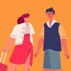 happy couple with baggage standing together summer vacation holiday time to travel concept