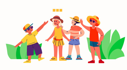 happy children in casual clothes standing together summer vacation holiday time to travel concept