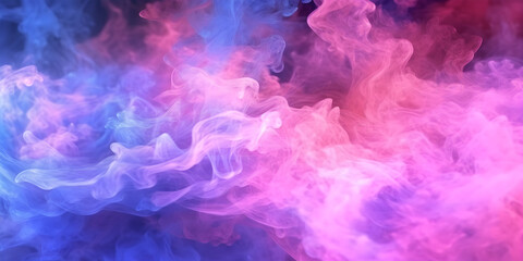  Shiny glitter particles in clouds of pink and blue neon colorful smoke abstract background. Generative AI.