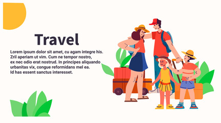 happy family with children and baggage standing together on tropical beach summer vacation holiday time to travel concept copy space
