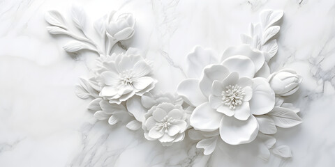  White gypsum flowers on white marble background. Generative AI. - obrazy, fototapety, plakaty
