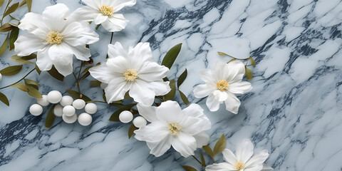 White flowers on white and blue marble background. Generative AI.