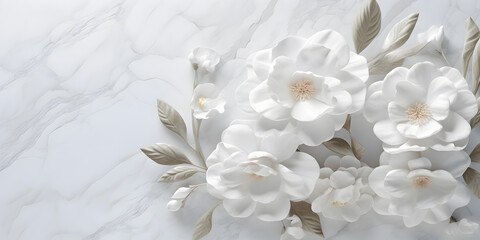  White gypsum flowers on white marble background. Generative AI.