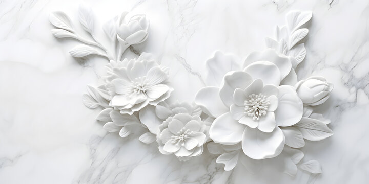  White gypsum flowers on white marble background. Generative AI. © mhebub