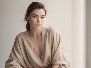 A model wearing a minimalist outfit in neutral tones, against a clean white background . Generative AI