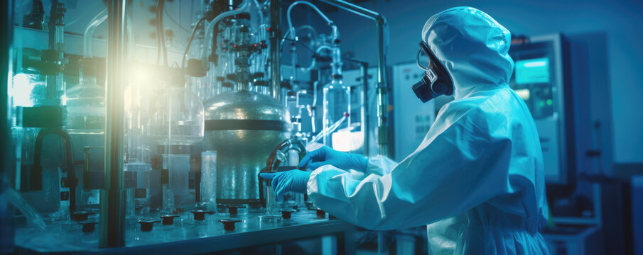 Pharmaceutical research lab or bio labs with equipment used with people in clean room suits or PPE equipment. A researcher in a sterile clean room suit. Hand edited generative AI.
