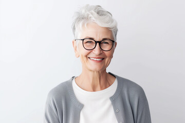 Fototapeta premium Beautiful 60s mid aged mature woman looking at camera. Mature old lady close up portrait on a white background